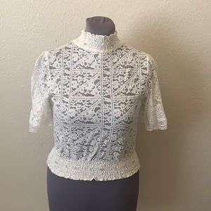 Short sleeve sexy sheer mesh lace blouse